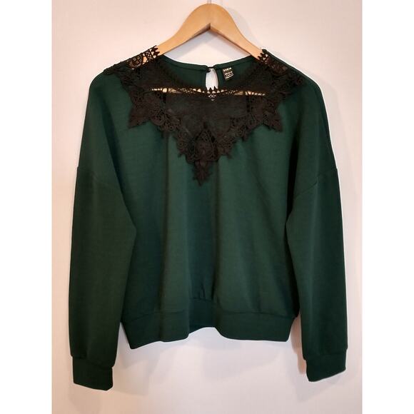 Shein Women's Waffle Knit Top Hunter Green Large Front Lace Keyhole back - Picture 1 of 10